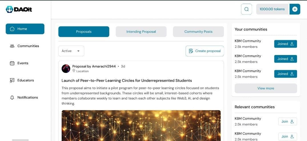 DAOit web3 education platform dashboard showing student proposals and community features